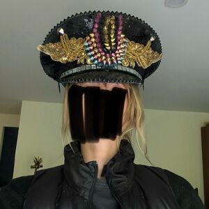 Embellished Black and Gold Hat festival edm bm headpiece headdress captain hat